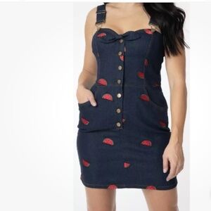 Unique Vintage Denim Overall Dress with Watermelon Embroidery Size M Pinup Retro